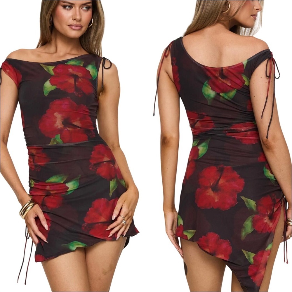 Princess Polly Harmonie One Shoulder Mini Dress 12 Dark Floral Mesh Brown Red